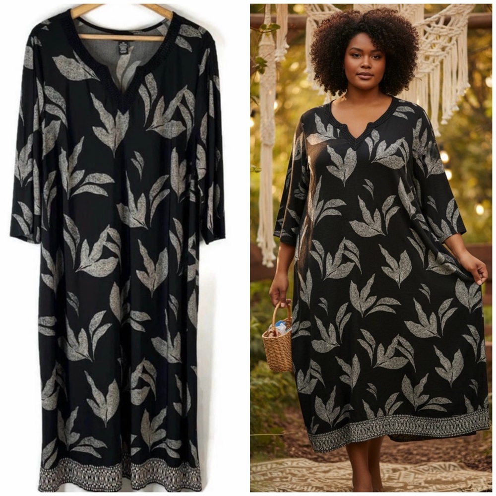 AnyWear by Catherine's Black & Cream Maxi Leaf Pattern Dress Women's Sz 3X 26-28